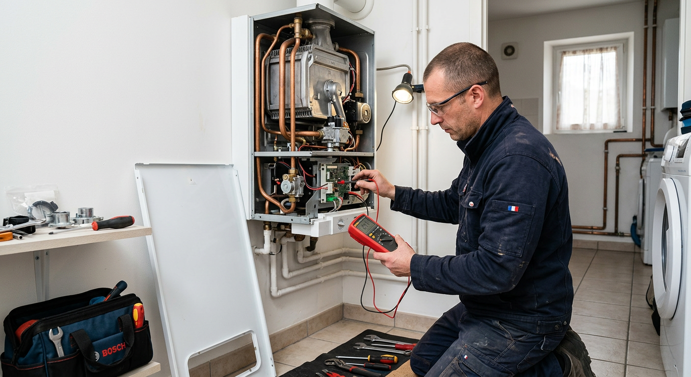 Chauffagiste réparant une chaudière gaz murale à Bezons