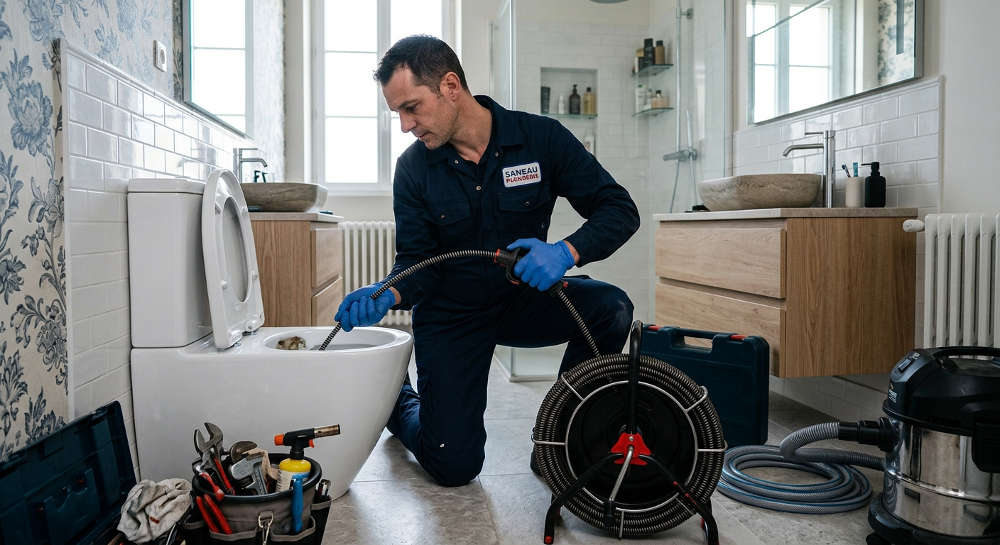 Plombier débouchant des WC avec un furet électrique à Bezons