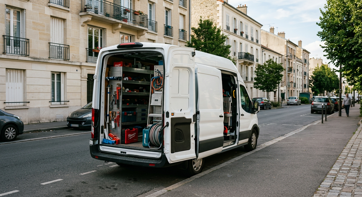 Camionnette plombier Ateliers Plombier Bezons en intervention dans le Val-d'Oise
